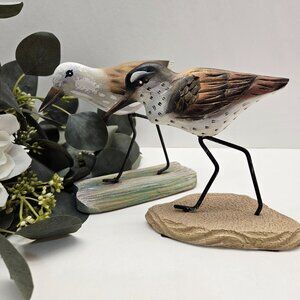 Hand-Carved Hand Painted Sandpiper Bird Figurine Set Of 2 Decorative Sculptures